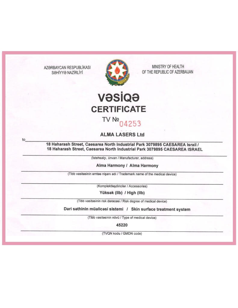 Alma Lasers - Alma Harmony Certificate